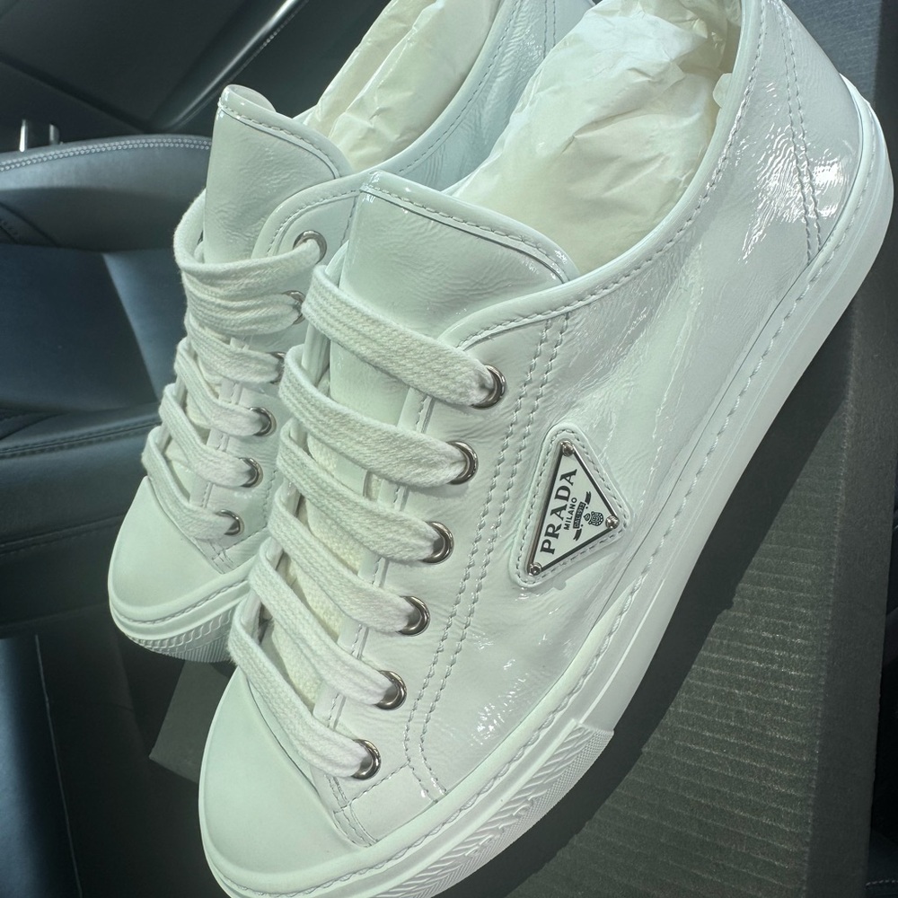Prada Glossy White Leather Sneakers